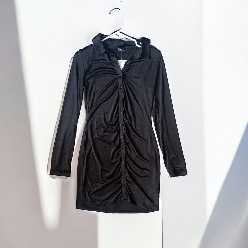 Runched Button Down Long Sleeve Slinky Dress